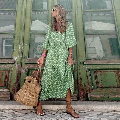 Women's Boho Maxi Dress Elegant Puff Sleeve Floral Design