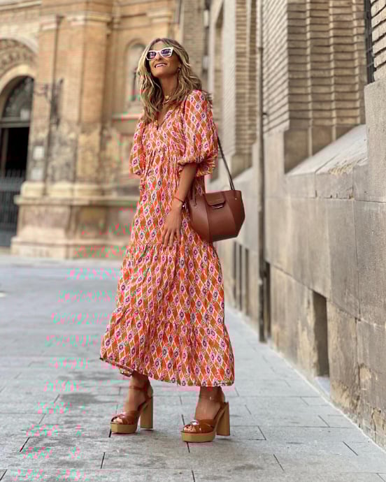 Women's Boho Maxi Dress Elegant Puff Sleeve Floral Design