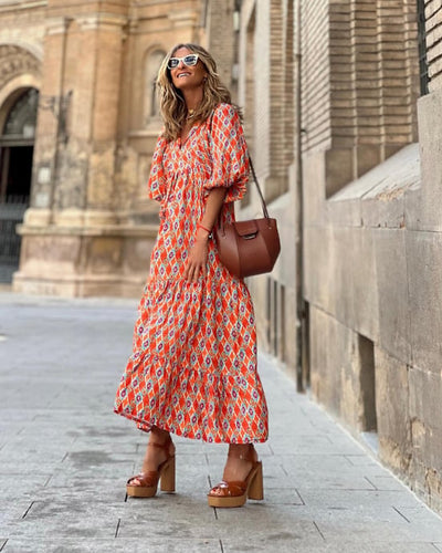 Women's Boho Maxi Dress Elegant Puff Sleeve Floral Design