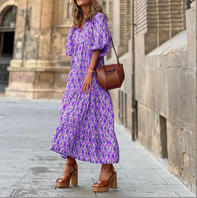 Women's Boho Maxi Dress Elegant Puff Sleeve Floral Design