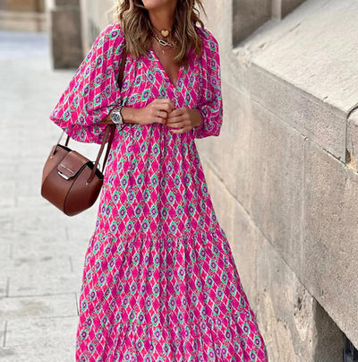 Women's Boho Maxi Dress Elegant Puff Sleeve Floral Design
