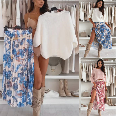 Crew Neck Top And Printed Belted Skirt Set Stylish Outfit