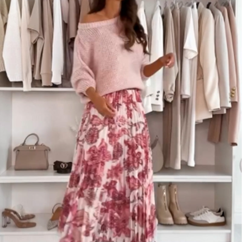 Crew Neck Top And Printed Belted Skirt Set Stylish Outfit