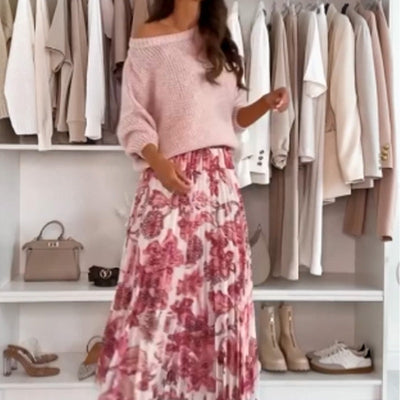 Crew Neck Top And Printed Belted Skirt Set Stylish Outfit