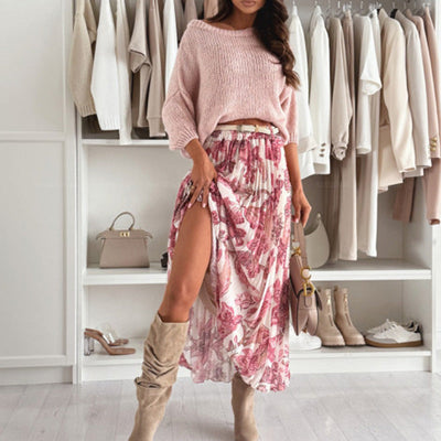 Crew Neck Top And Printed Belted Skirt Set Stylish Outfit