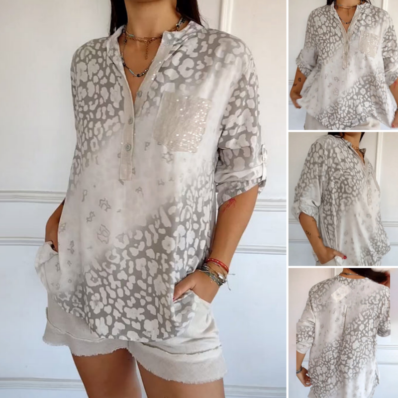 Women's Casual Printed Blouse With Stand Collar Stylish Design