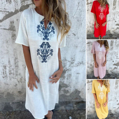 Women's V-neck Linen Dress With Elegant Hand Embroidered Neckline