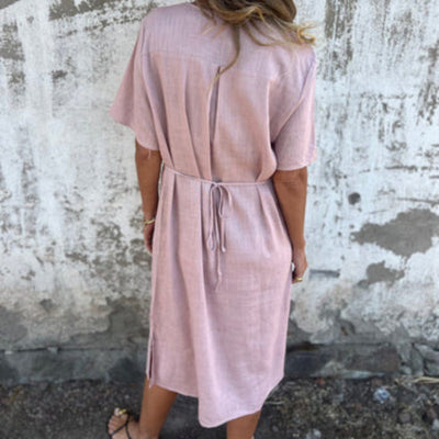 Women's V-neck Linen Dress With Elegant Hand Embroidered Neckline