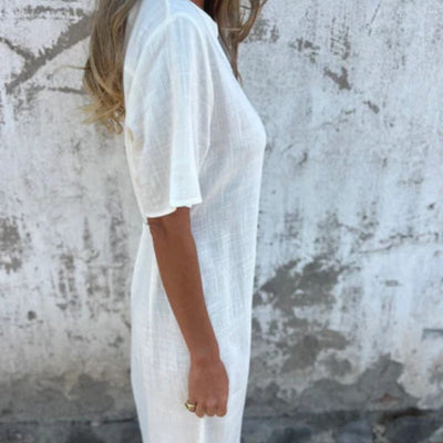Women's V-neck Linen Dress With Elegant Hand Embroidered Neckline
