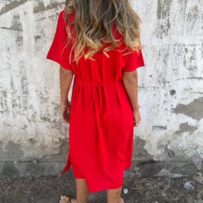 Women's V-neck Linen Dress With Elegant Hand Embroidered Neckline