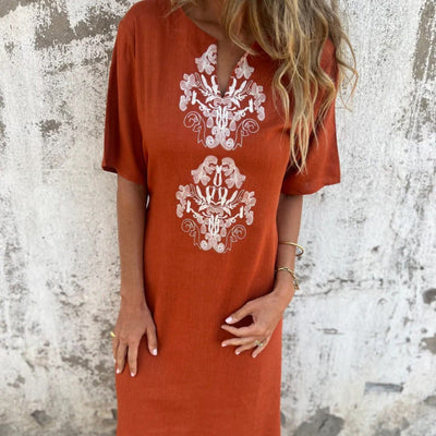 Women's V-neck Linen Dress With Elegant Hand Embroidered Neckline