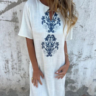 Women's V-neck Linen Dress With Elegant Hand Embroidered Neckline