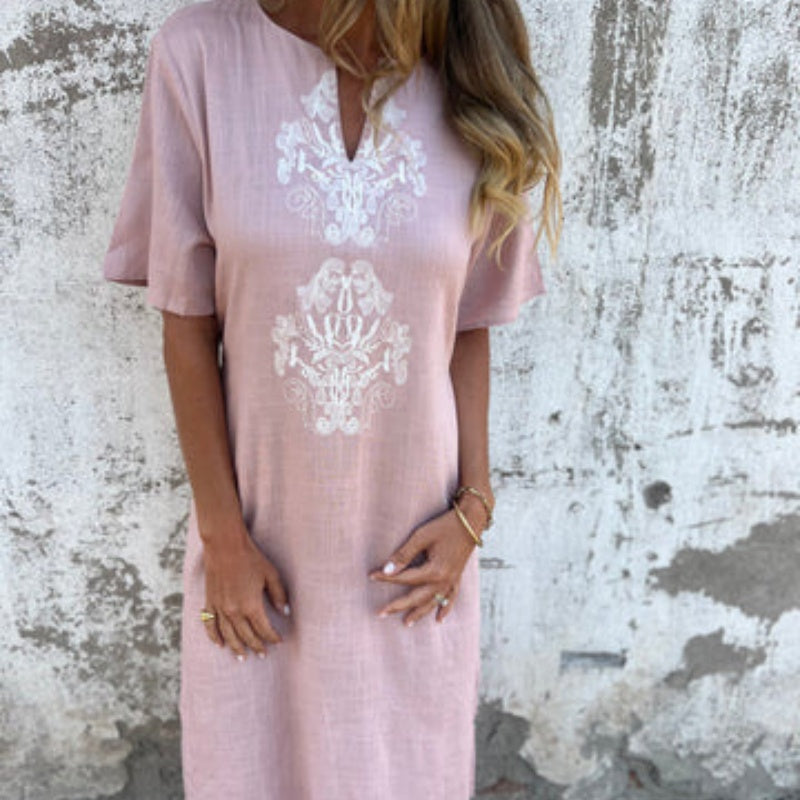 Women's V-neck Linen Dress With Elegant Hand Embroidered Neckline