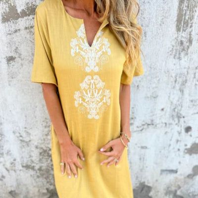 Women's V-neck Linen Dress With Elegant Hand Embroidered Neckline