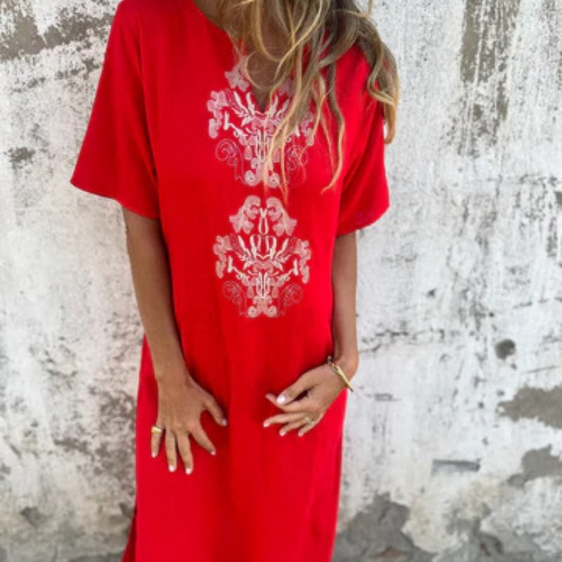 Women's V-neck Linen Dress With Elegant Hand Embroidered Neckline