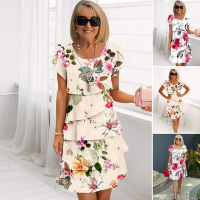 Multi-plant Floral Print Cascade Dress Elegant Spring Style