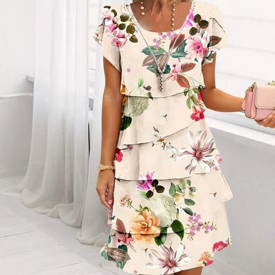 Multi-plant Floral Print Cascade Dress Elegant Spring Style