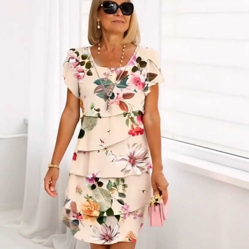 Multi-Plant Floral Print Cascade Dress Elegant Summer Style