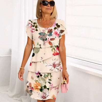 Multi-plant Floral Print Cascade Dress Elegant Spring Style