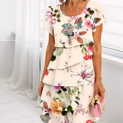 Multi-plant Floral Print Cascade Dress Elegant Spring Style