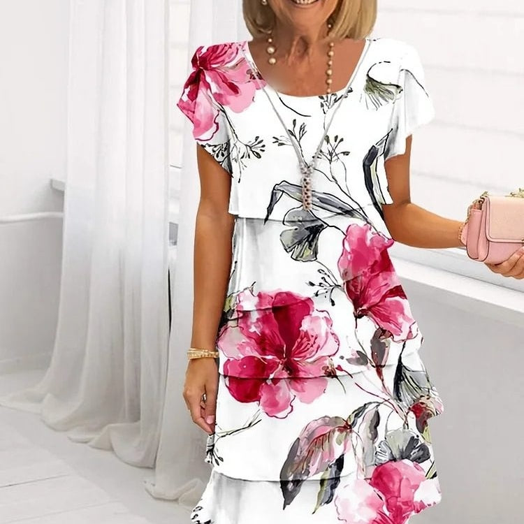 Multi-plant Floral Print Cascade Dress Elegant Spring Style