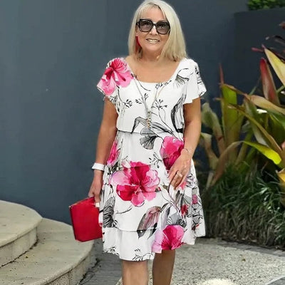 Multi-Plant Floral Print Cascade Dress Elegant Summer Style