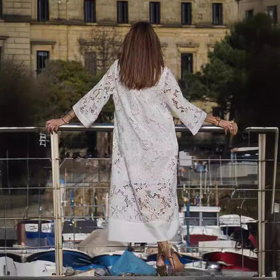 Flowy Lace Dress V Neck Three Quarter Sleeve Elegant Design