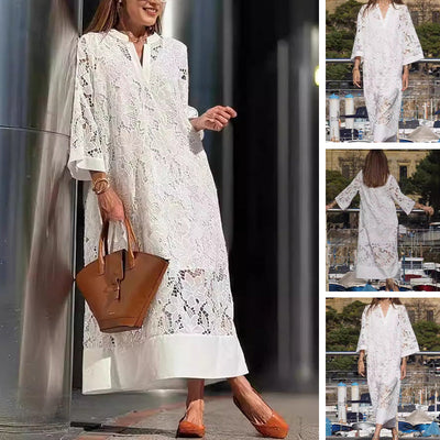 Flowy Lace Dress V Neck Three Quarter Sleeve Elegant Design
