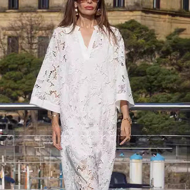 Flowy Lace Dress V Neck Three Quarter Sleeve Elegant Design