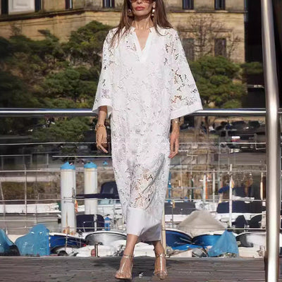 Flowy Lace Dress V Neck Three Quarter Sleeve Elegant Design