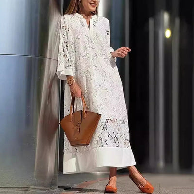 Flowy Lace Dress V Neck Three Quarter Sleeve Elegant Design