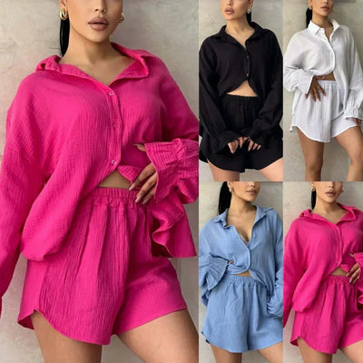 Women's Two-Piece Outfit Lapel Shirt And High Waist Shorts Set