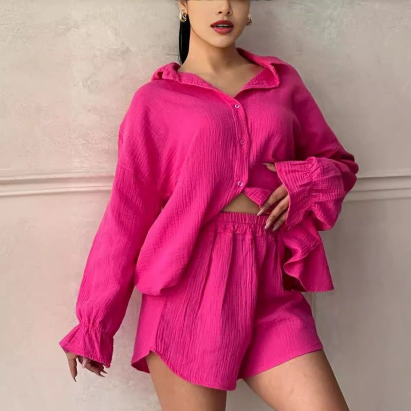 Women's Two-Piece Outfit Lapel Shirt And High Waist Shorts Set