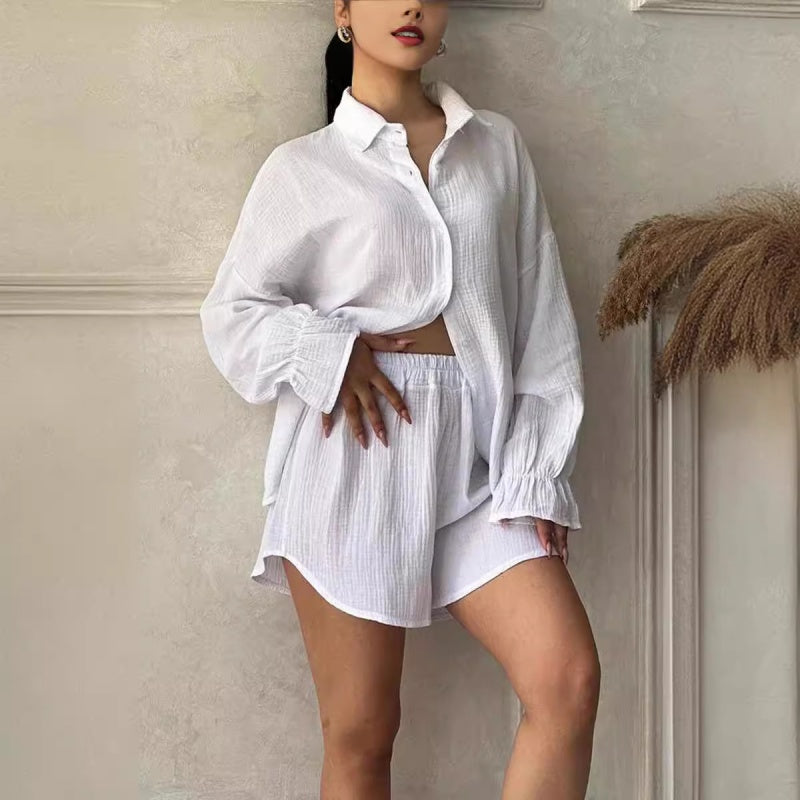 Women's Two-Piece Outfit Lapel Shirt And High Waist Shorts Set