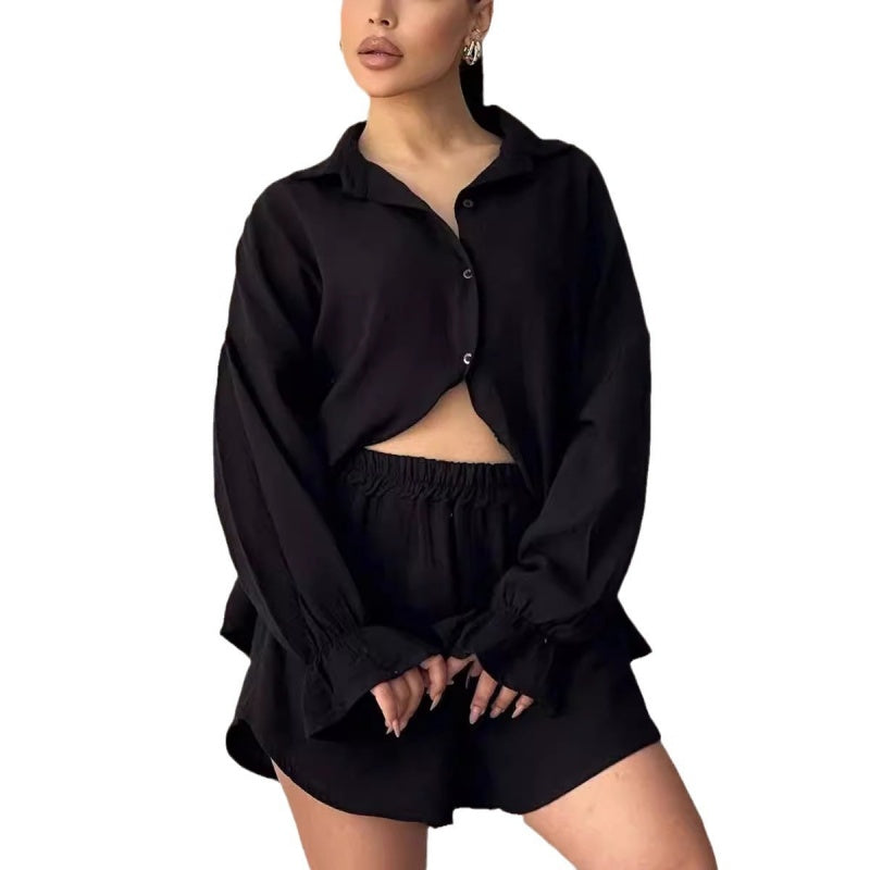 Women's Two-Piece Outfit Lapel Shirt And High Waist Shorts Set