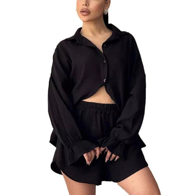 Women's Two-Piece Outfit Lapel Shirt And High Waist Shorts Set