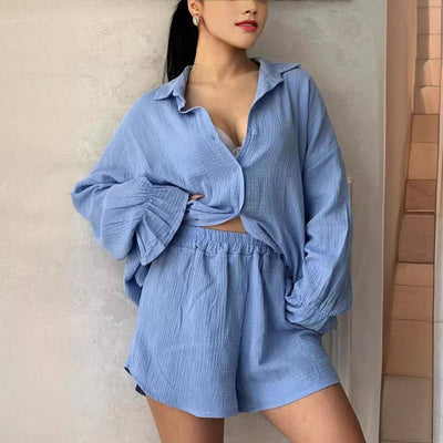 Women's Two-Piece Outfit Lapel Shirt And High Waist Shorts Set