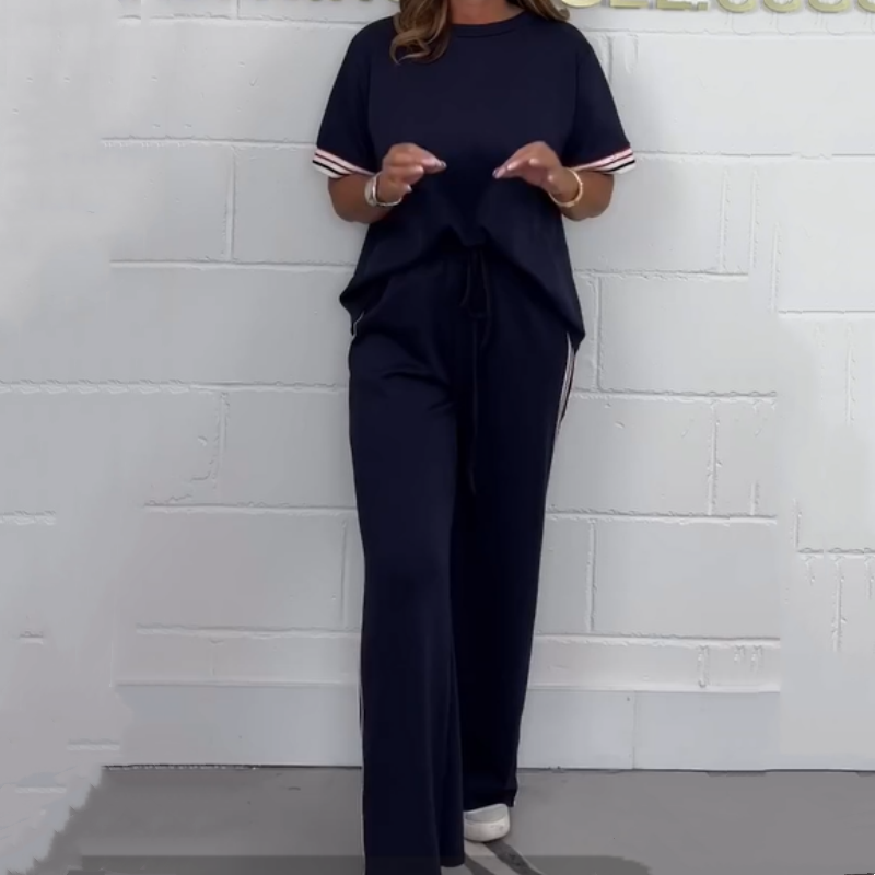 Side Stripe Jogger Set With Short Sleeve T-Shirt And Wide Leg Pants