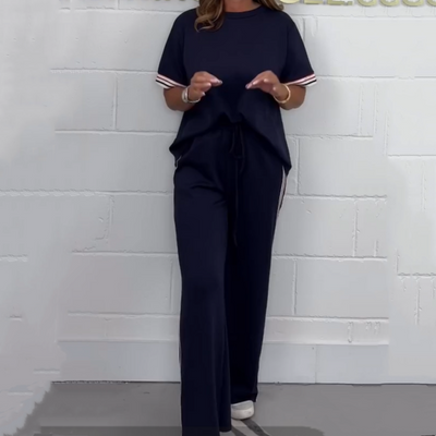 Side Stripe Jogger Set With Short Sleeve T-Shirt And Wide Leg Pants