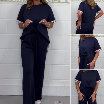 Side Stripe Jogger Set With Short Sleeve T-Shirt And Wide Leg Pants