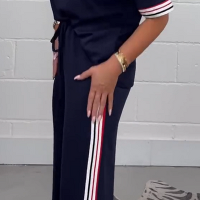 Side Stripe Jogger Set With Short Sleeve T-Shirt And Wide Leg Pants
