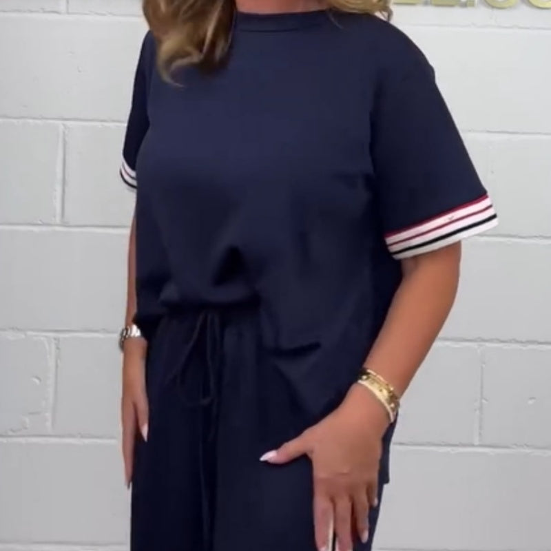 Side Stripe Jogger Set With Short Sleeve T-Shirt And Wide Leg Pants