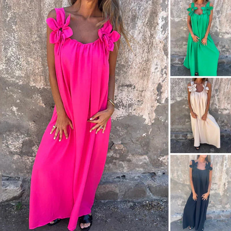 Floral Straps U Neckline Solid Women's Summer Dresses