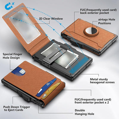 Slim RFID Blocking Wallet For Men Leather Pop Up Aluminum Case Money Clip