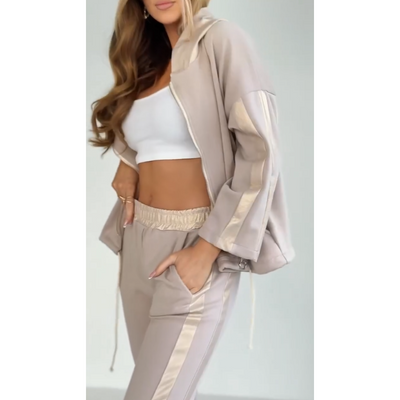 Women's Striped Hooded Casual Suit With Drawstring Leisure Style