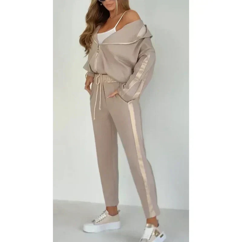 Women's Striped Hooded Casual Suit With Drawstring Leisure Style