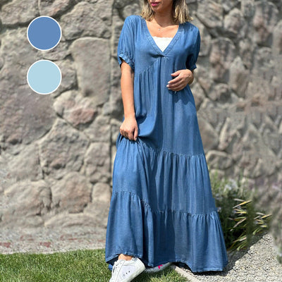 Loose V-neck Tiered Faux Denim Dress Casual Summer Style