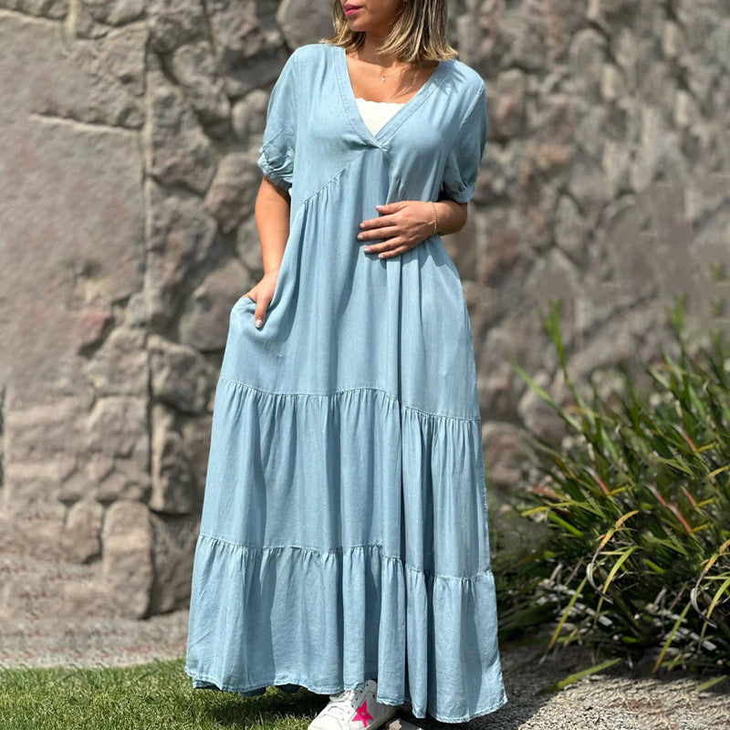 Loose V-neck Tiered Faux Denim Dress Casual Summer Style