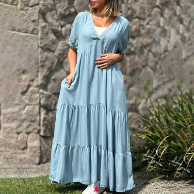 Loose V-neck Tiered Faux Denim Dress Casual Summer Style