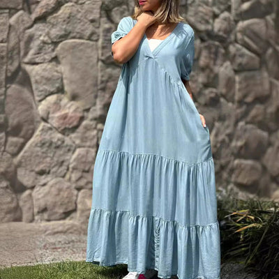 Loose V-neck Tiered Faux Denim Dress Casual Summer Style